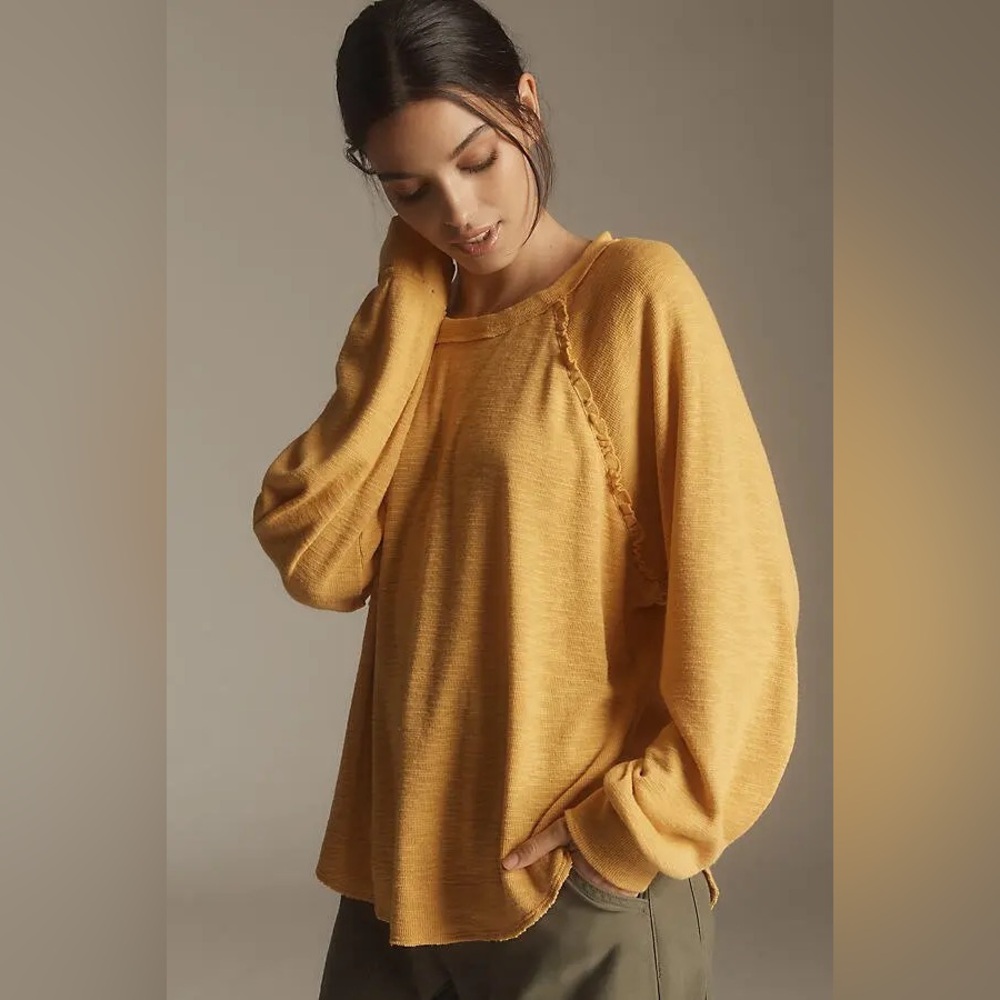 Anthropologie Pilcro |Small| Oversized Mustard Ruffle Raglan Textured Pullover